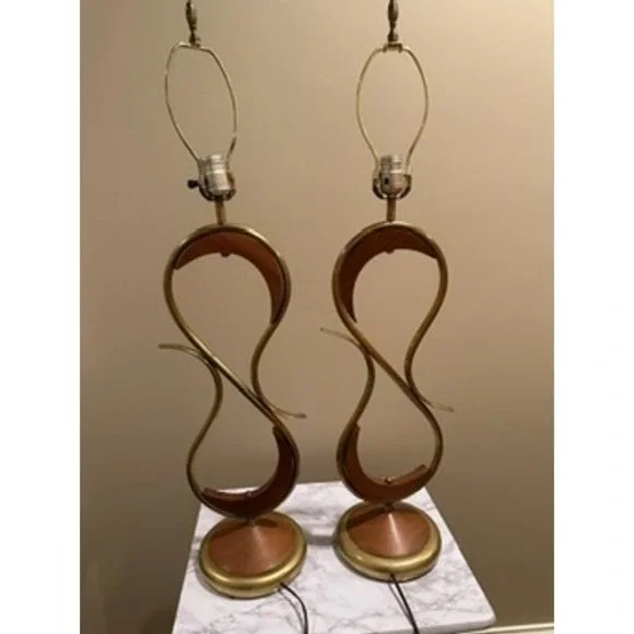 Mid Century Modern‎ Oak & Brass Table Lamps A Pair Vintage Lighting Decor - Picture 2 of 15